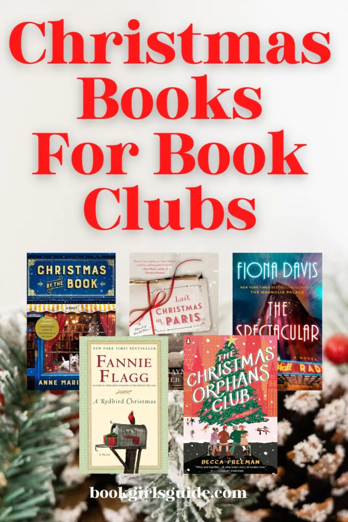 Five book covers in front of a Christmasy garland with red text above that reads Christmas Books for Book Clubs