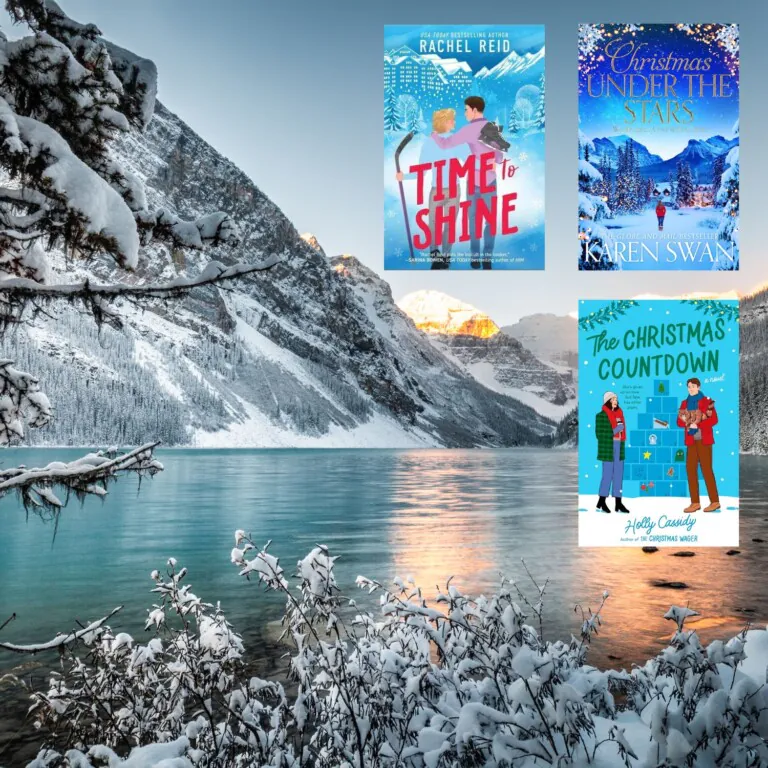 Photo of snowy Banff, Canada, with three Christmas book covers in the top right corner