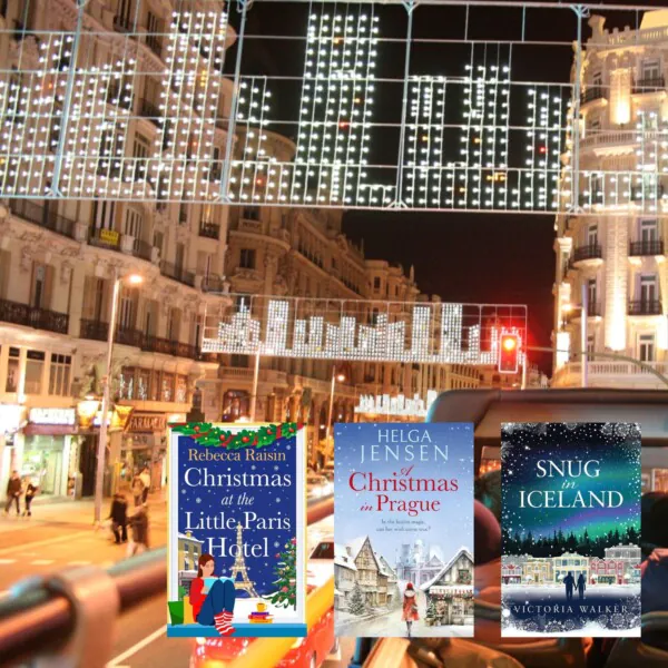 Photo of Christams lights above the streets of Madrid. In the bottom right corner are three book covers of Christmas books set throughout Europe