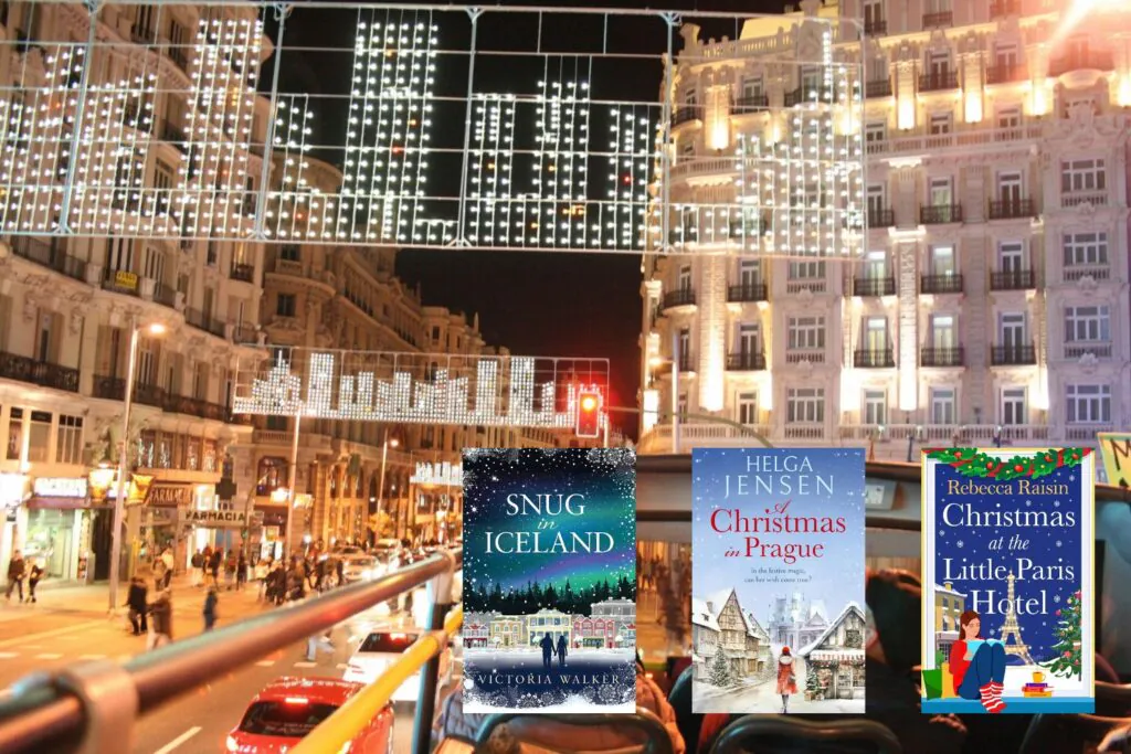 Photo of Christams lights above the streets of Madrid. In the bottom right corner are three book covers of Christmas books set throughout Europe