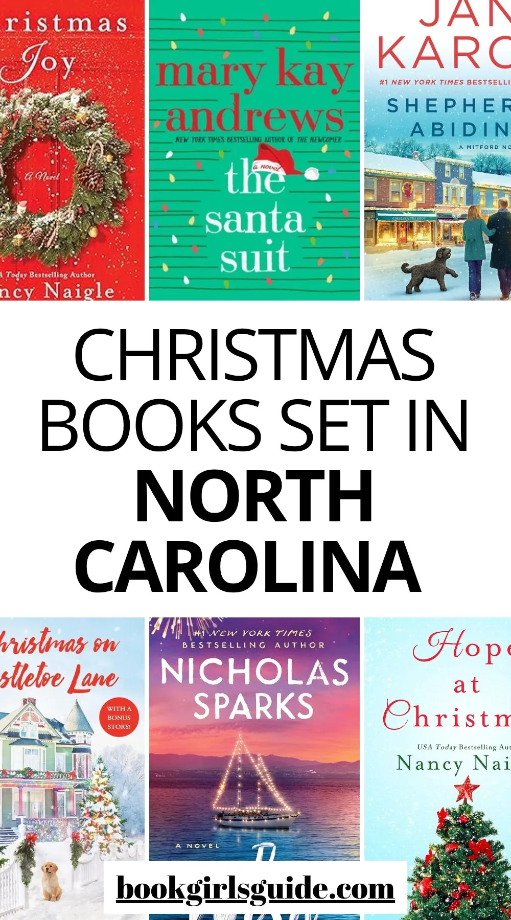 Six book covers acrosss the top and bottom with a white box in the middle that says "Christmas Books Set in North Carol