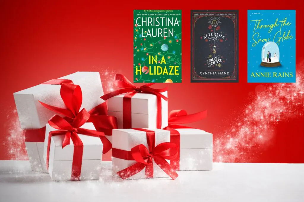 White presents with red ribbons on a red background with magical snow blowing through and three Christmas book covers in the top right corner