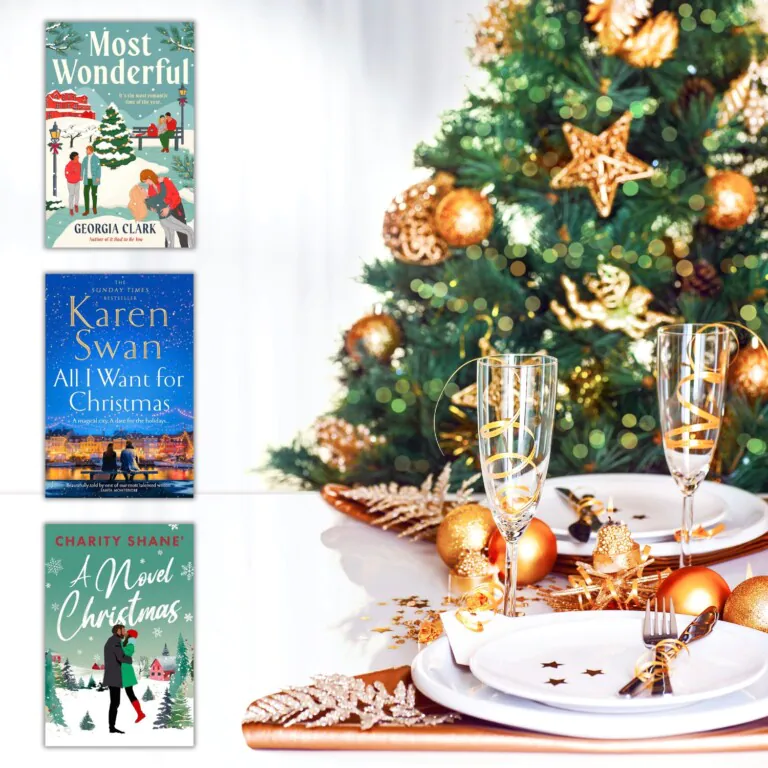 Three books next to Christmas tree with gold decor and table with white and gold place settings.