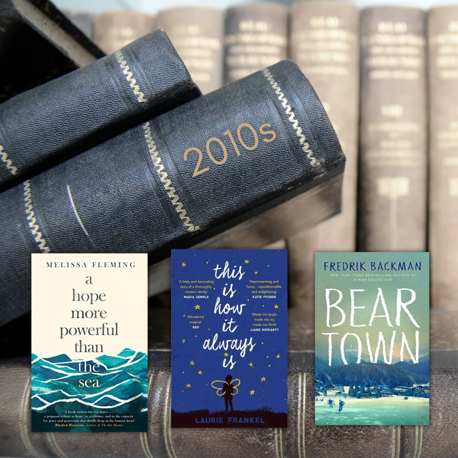 three book covers in front of old leather books titled 2010s