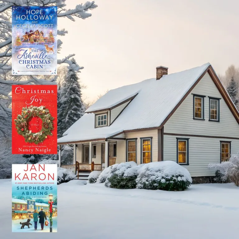 Snowy covered house in North Carolina with three covers of Christmas books set in North Carolina on the left side of the image