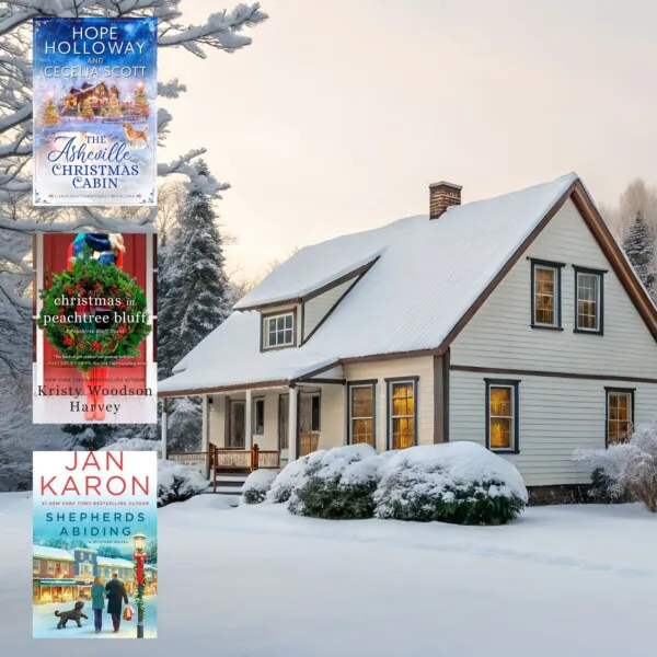 Snowy covered house in North Carolina with three covers of Christmas books set in North Carolina on the left side of the image