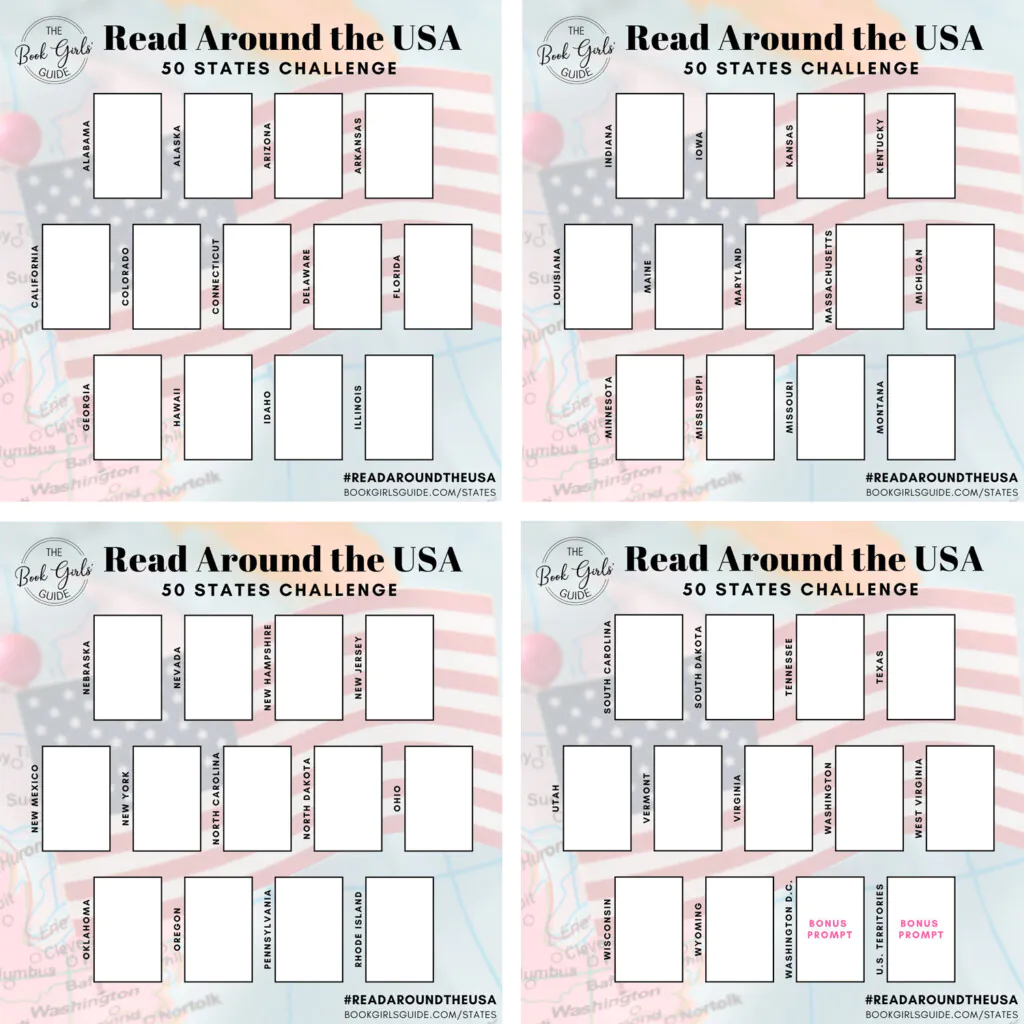 50 States 2025 Reading Challenge Social Sharing Template with space to add book covers for each of the reading prompts