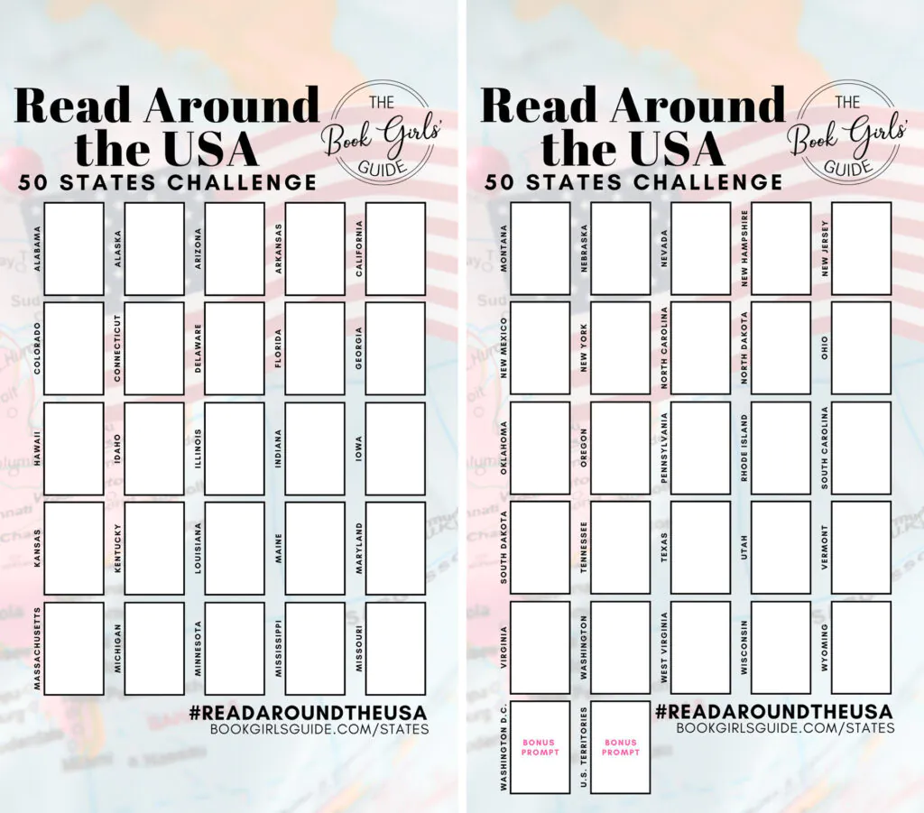 50 States 2025 Reading Challenge Social Sharing Template with space to add book covers for each of the reading prompts