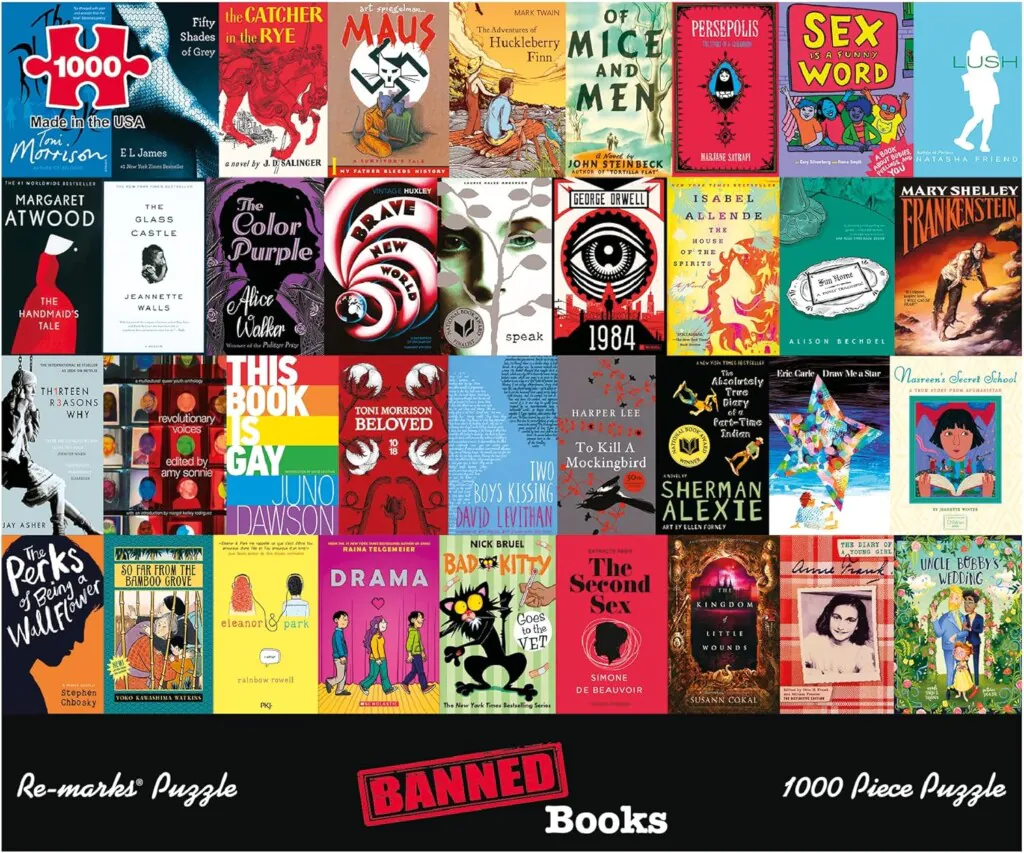 1000 piece puzzle featuring the covers of banned books