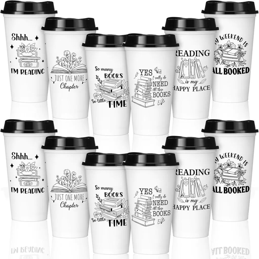 12-pack of white coffee cups with sippy lids with a variety of black bookish designs