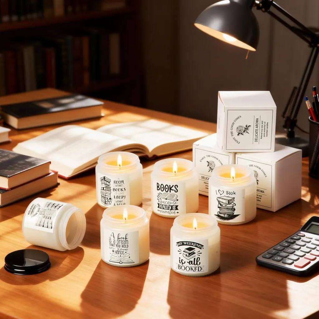 A collection of jar candles with bookish labels sitting on a wood desk with books, a calculator, and a lamp.