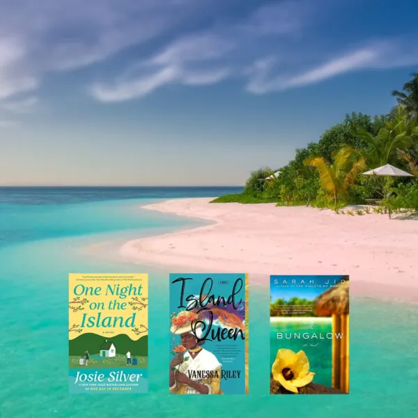 Tropical island photo with three book covers on top