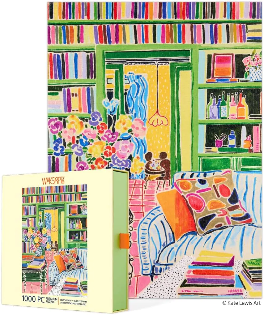 Puzzle of a brightly colored room filled with colorful bookshelves, bouquets, or flowers, and a cozy reading couch