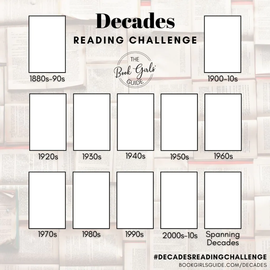 2025 Decades Reading Challenge Social Sharing Template with space to add book covers for each of the reading prompts