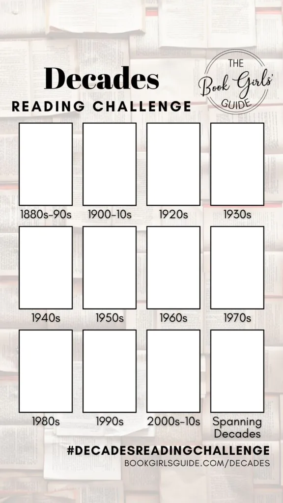 2025 Decades Reading Challenge Social Sharing Template with space to add book covers for each of the reading prompts