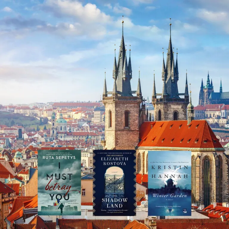 Eastern European architecture photo with three book covers on top