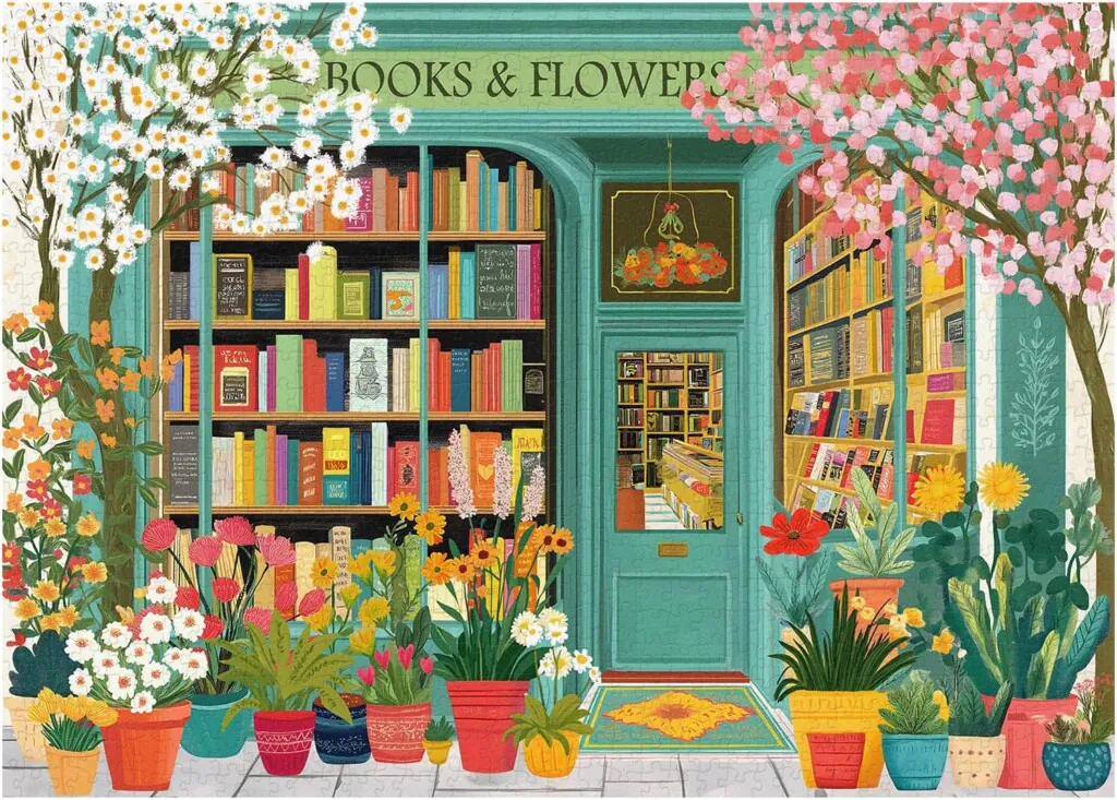 Puzzle featuring the green storefront of a shop selling books and flowers