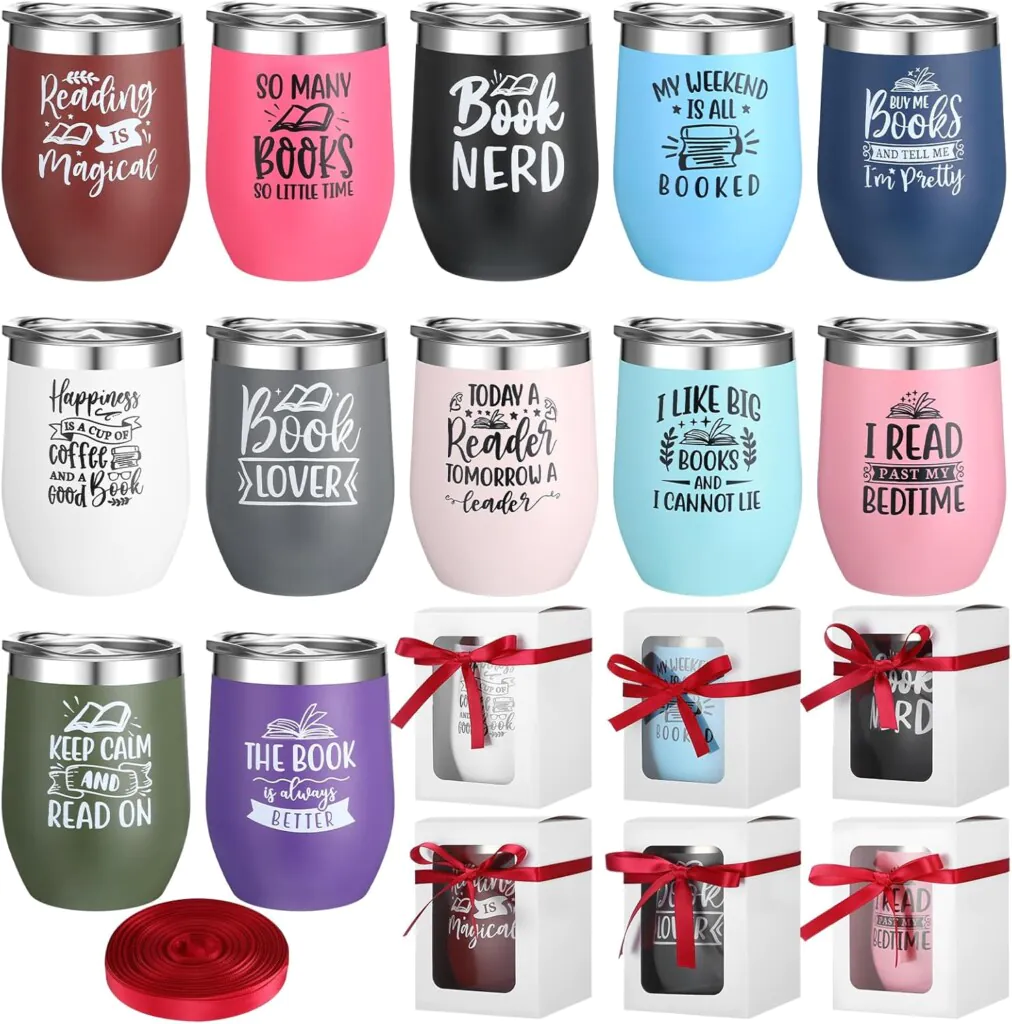 Colorful insulated wine tumblers with a variety of bookish sayings