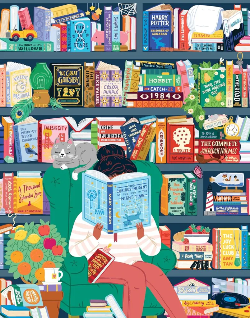 Puzzle featuring a woman sitting in a green overstuffed chair reading a book surrounded by shelves of must read classic novels