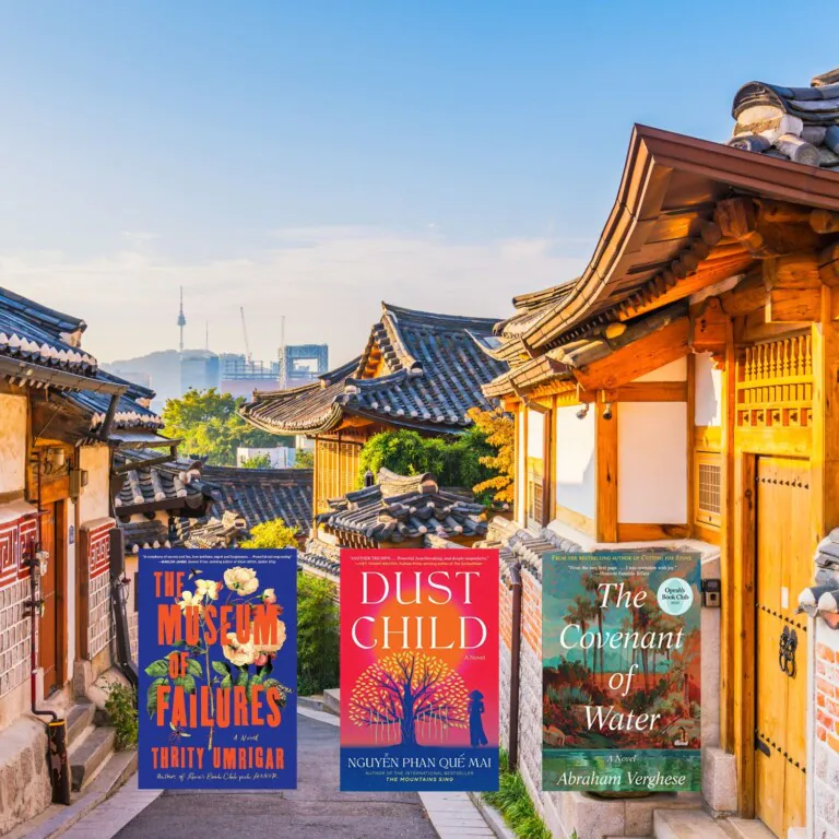 Southern Asia architecture photo with three book covers on top