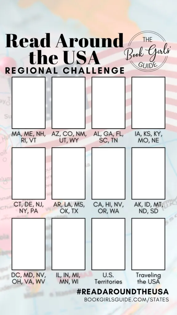 Read Around the USA 2025 Reading Challenge Social Sharing Template with space to add book covers for each of the reading prompts