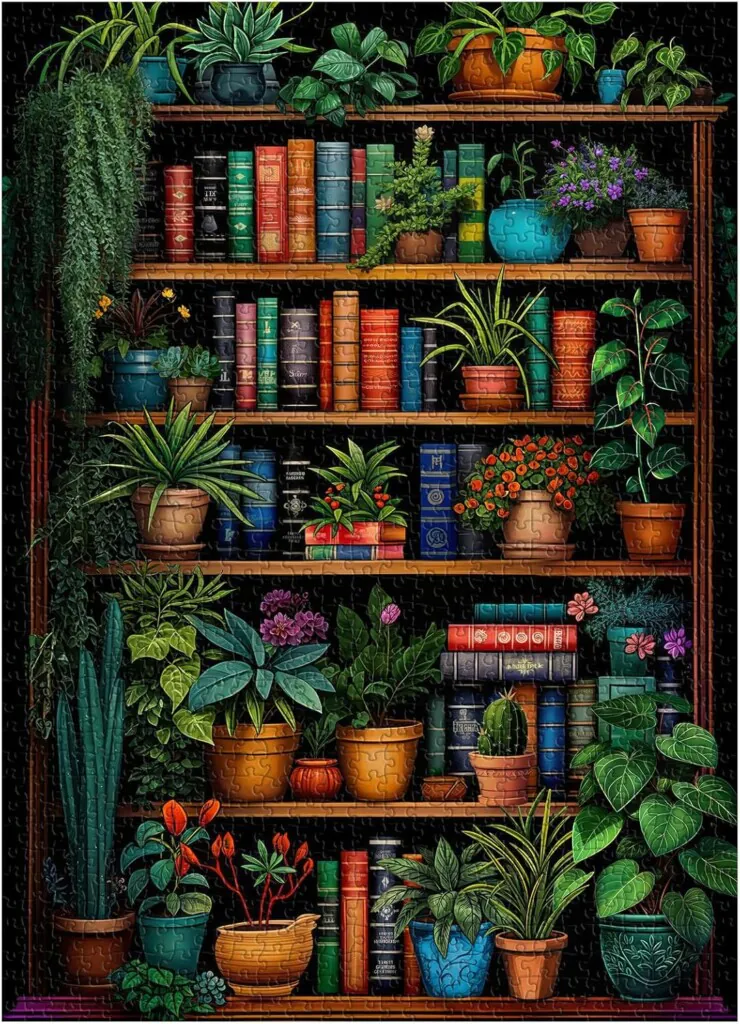 1000 piece puzzle of a dark bookshelf filled with books and houseplants