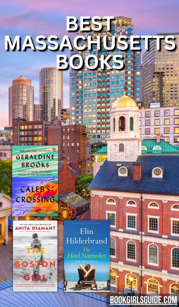 Boston skyline with three book covers overlaid