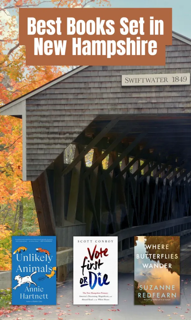 Old covered bridge in fall scenery with three book covers overlaid