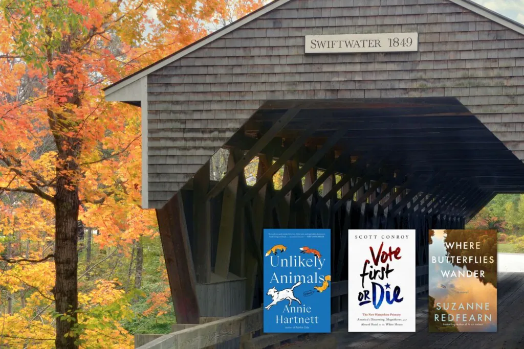 Old covered bridge in fall scenery with three book covers overlaid