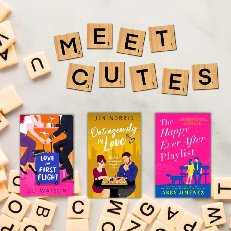 Scrabble Tiles spelling out MEET CUTES with three book covers