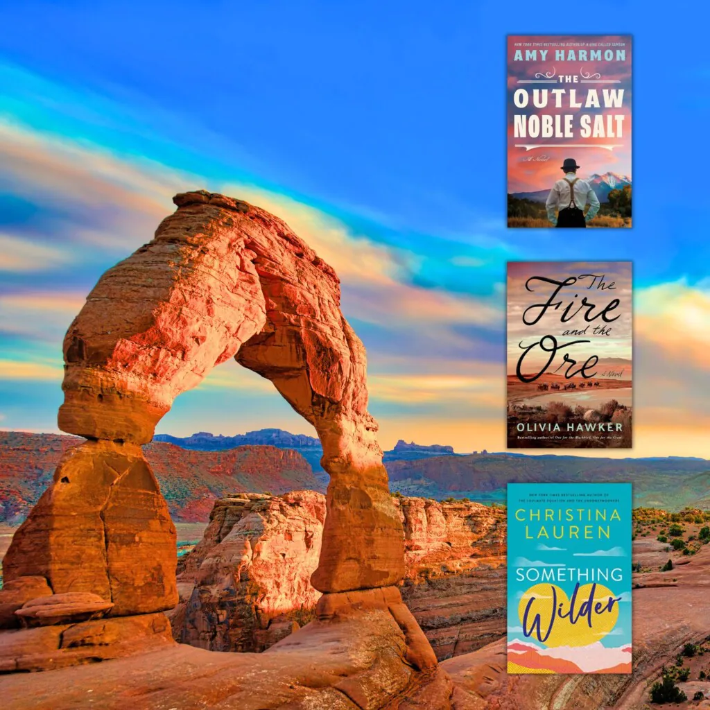 photo of a red rock arch in southern Utah overlaid with three book covers of books set in Utah along the right side of the image
