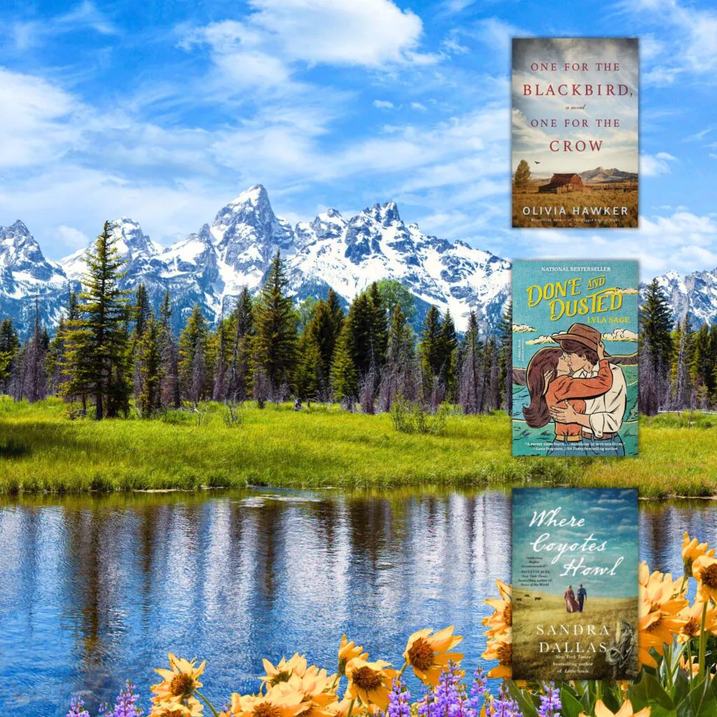 Photo of Wyoming mountains and lake overlaid with three book covers of books set in Wyoming