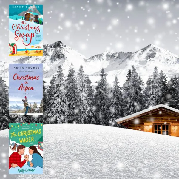 wintery white Rocky Mountain bacground with trees and a cabin behind a snowy hill overlaid with three book covers of Christmas books set in Colorado