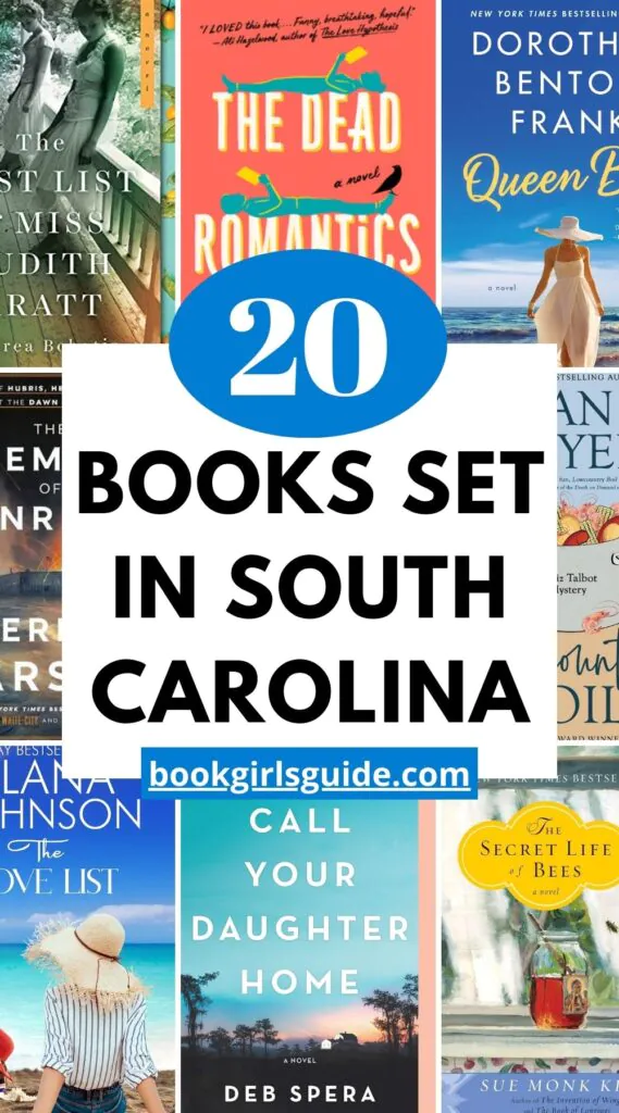 Covers of 8 books with a white rectangle in the center and black text that reads 20 Books Set in South Carolina