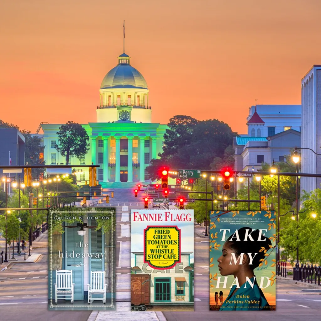 photo of Montgomery Alabama with an orange sunset + 3 book covers