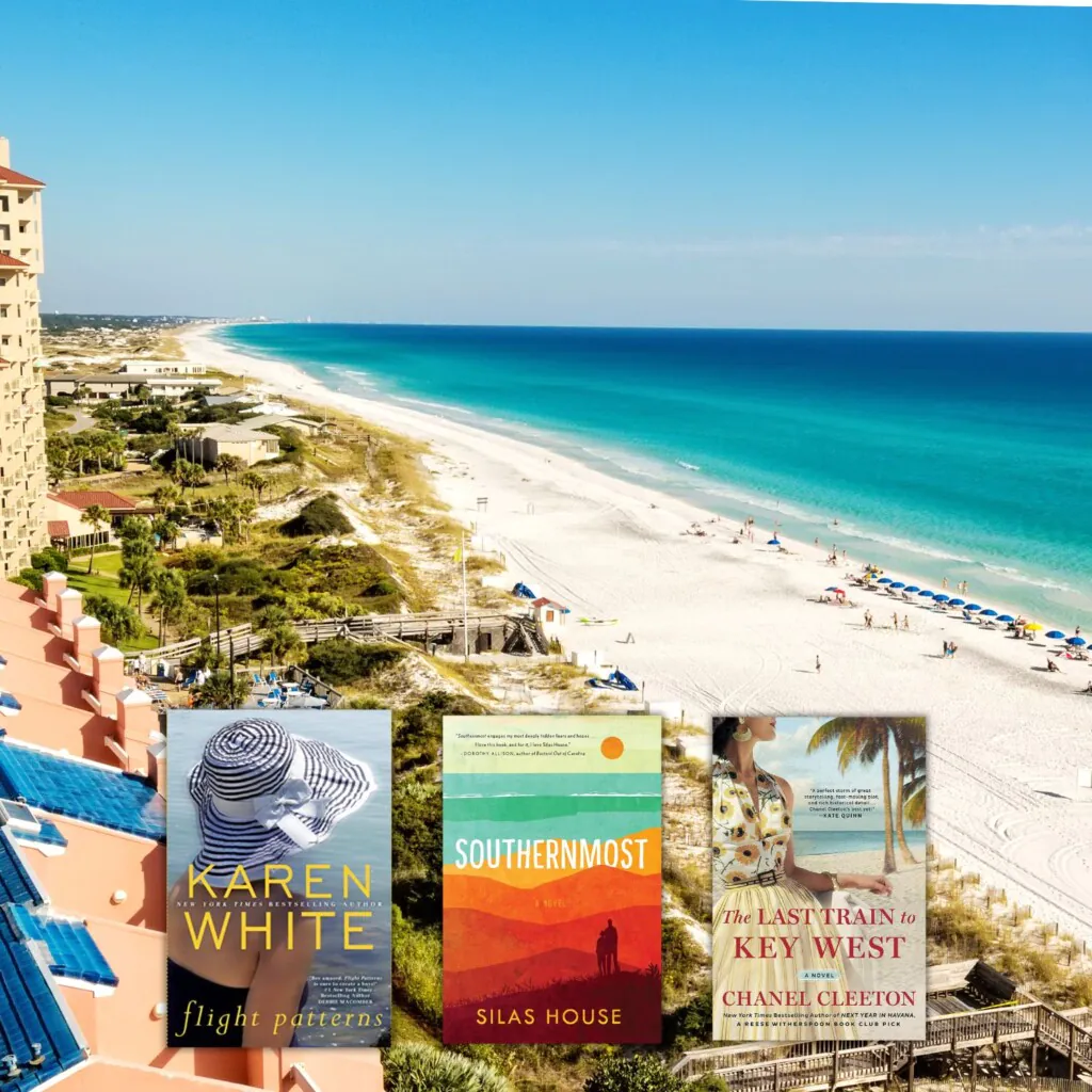 Florida beach with white sand and turquoise water + 3 book covers