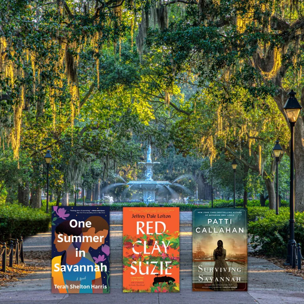Trees surrounding fountain in Savannah with three book covers