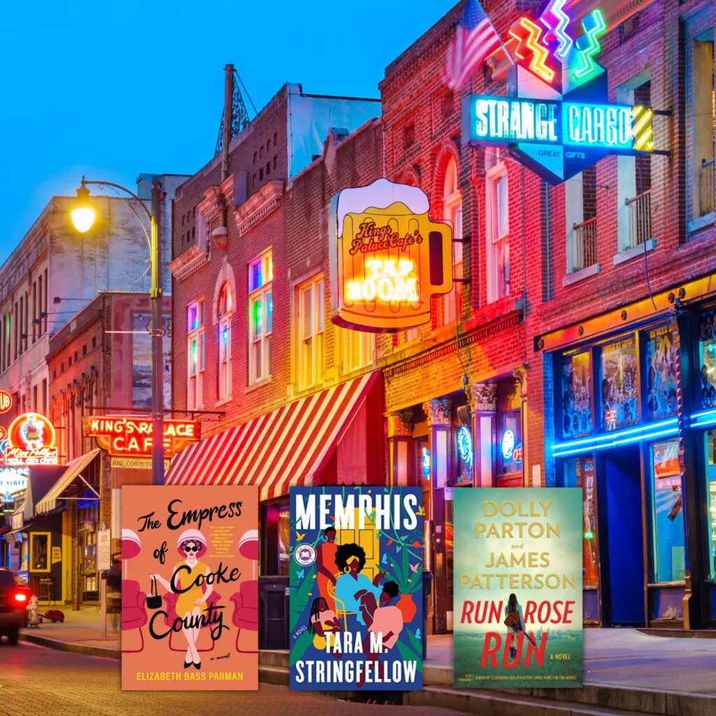 A photo of neon lights on Beale Street in Memphis and three book covers of books set in Tennessee.
