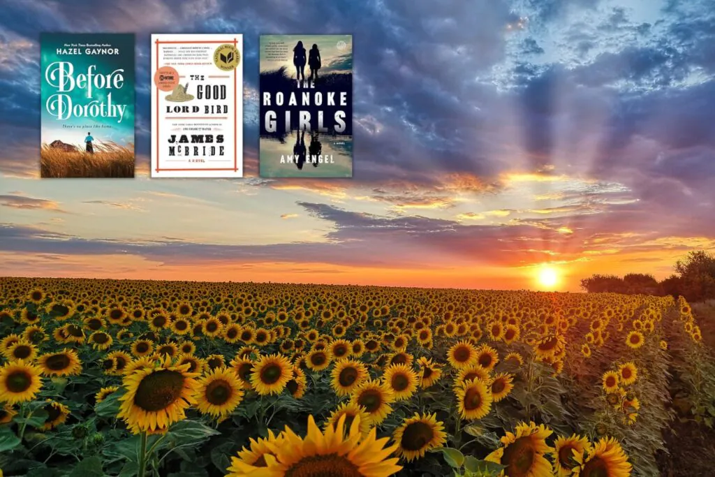 Photo of a field of sunflowers in Kansas overlaid with three covers of books set in Kansas