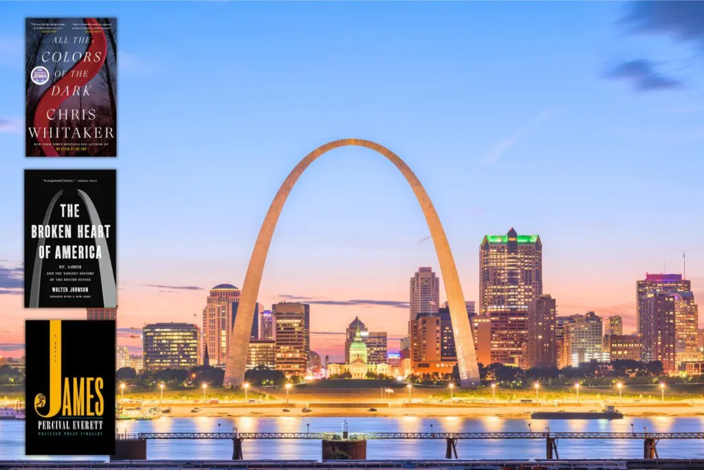 Photo of the St. Louis Arch at dusk with three covers of books set in Missouri overlaid along the left edge of the photo