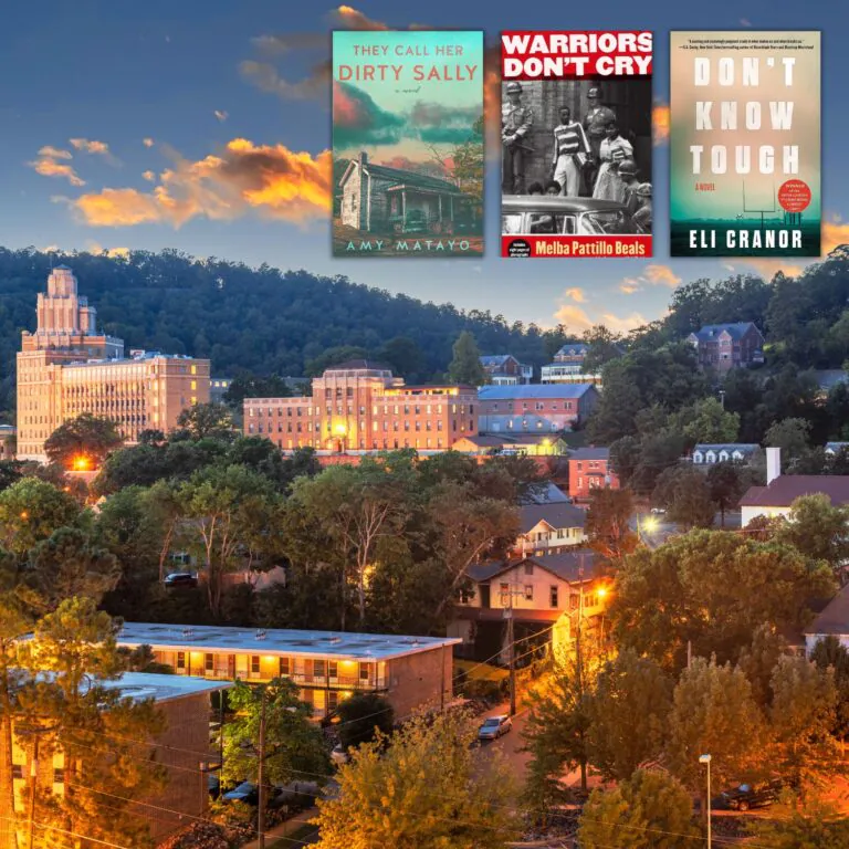 Square photo of Hot Springs, Arkansas at dusk with the covers of three books set in Arkansas
