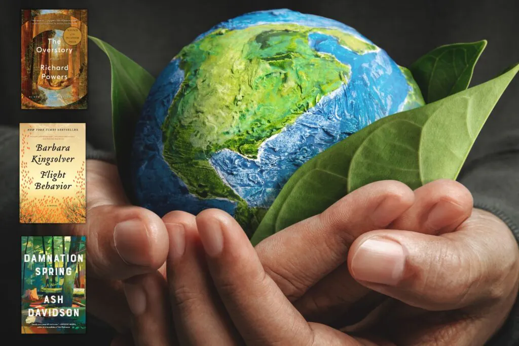 A set of hands holding a green leaves and a model of the Earth with three climate fiction book covers on the left side