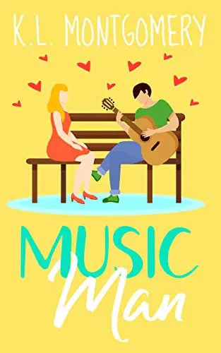 Music man illustrated book cover of couple on a park bench
