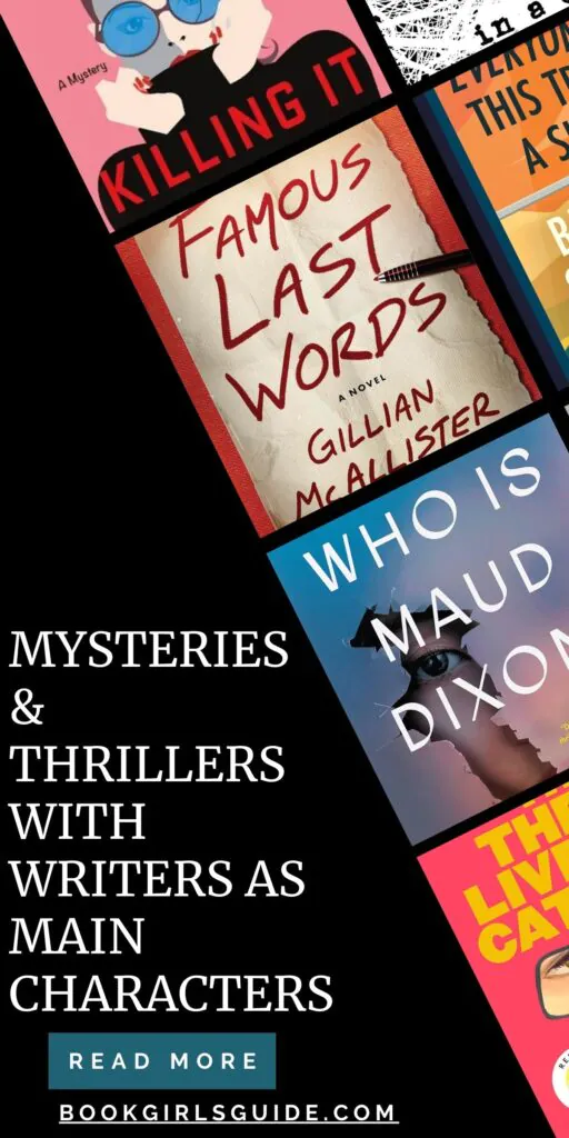 Two rows of angled book covers against a black background with text in the bottom left corner that reads Mysteries and Thrillers With Writers As Main Characters
