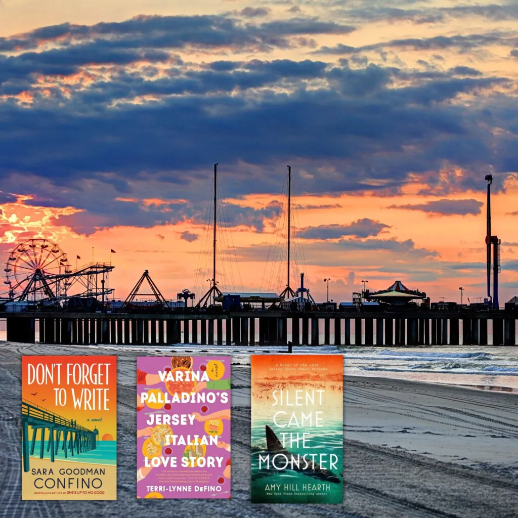 A photo of the iconic Steel Pier on the Atlantic City Boardwalk with the covers of three books set in New Jersey in the bottom left corner