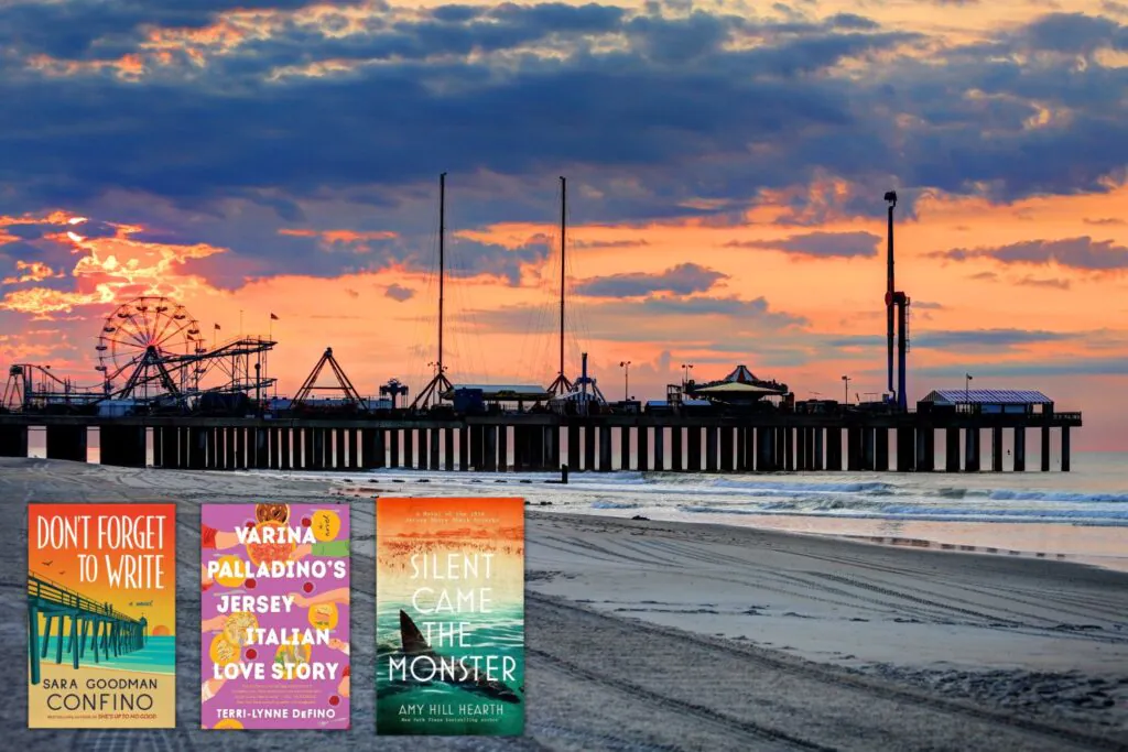 A photo of the iconic Steel Pier on the Atlantic City Boardwalk with the covers of three books set in New Jersey in the bottom left corner