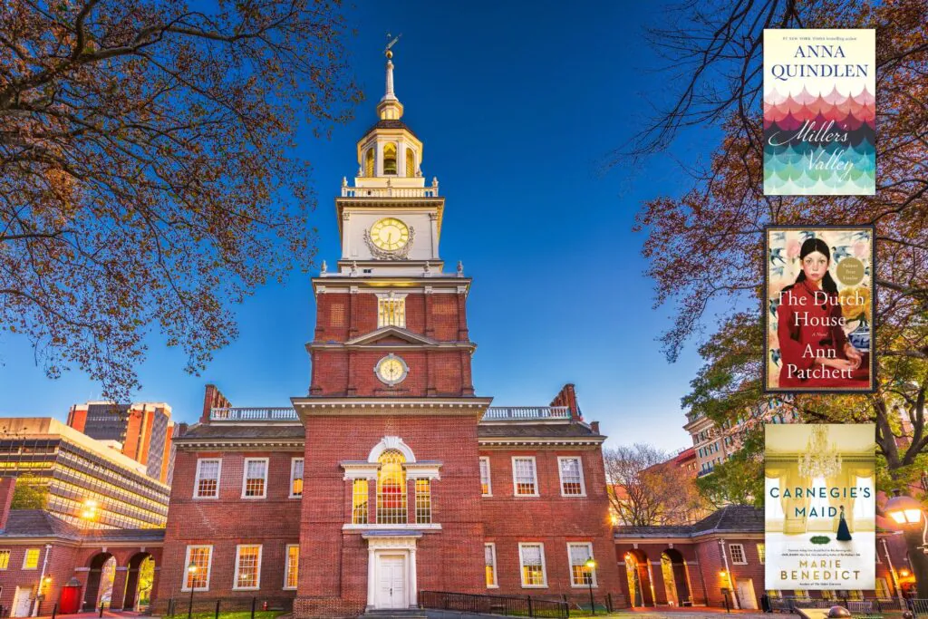 Photo of Independence Hall in Philadelphia at dusk with the covers of three books set in Pennsylvania along the right side of the image
