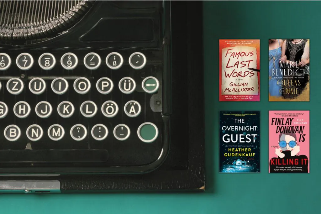 Vintage black typewriter on a dark teal background with covers of four mystery and thriller novels about writers