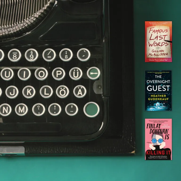 Vintage black typewriter on a dark teal background with covers of three mystery and thriller novels about writers