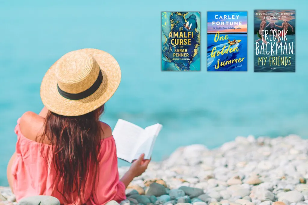 3 book covers of 2025 beach reads for summer with woman reading on the beach